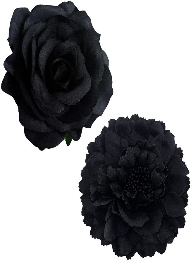 BETITETO Large Floral Hair Accessory Set - Includes 4 Peony and 4 Rose Barrette Hair Clips for Flamenco Dance, Beach Party, Wedding (Black) - Image 2