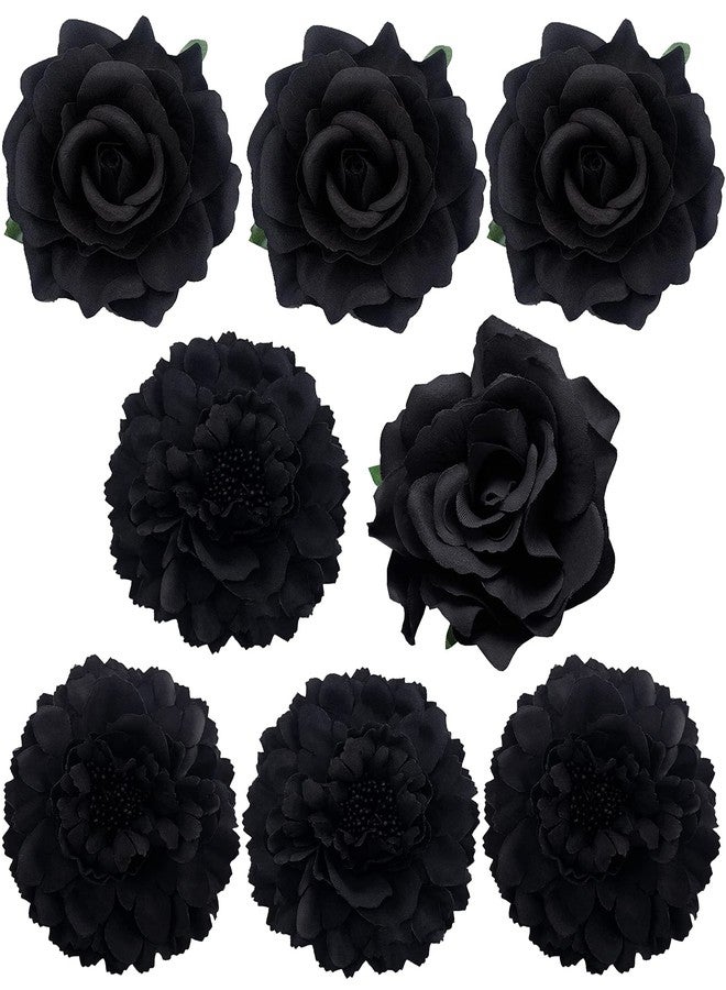 BETITETO Large Floral Hair Accessory Set - Includes 4 Peony and 4 Rose Barrette Hair Clips for Flamenco Dance, Beach Party, Wedding (Black) - Image 1