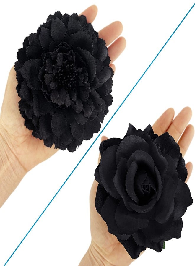 BETITETO Large Floral Hair Accessory Set - Includes 4 Peony and 4 Rose Barrette Hair Clips for Flamenco Dance, Beach Party, Wedding (Black) - Image 5