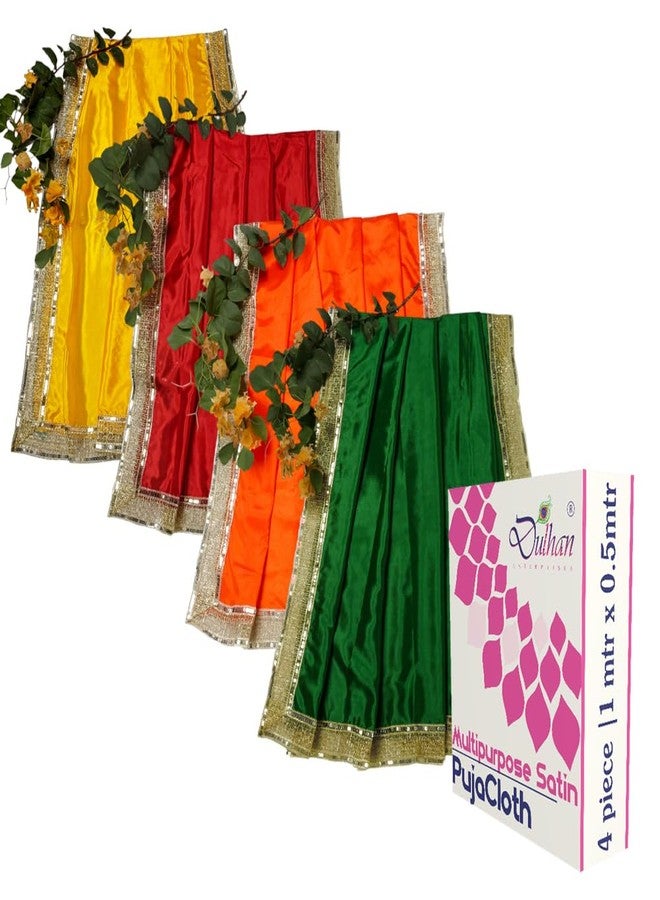 Dulhan Pack of 4 Multicolor Satin Puja Cloth ? Soft Aasan with Golden Border for Chowki & Mandir | Smooth Pooja Mat for Festivals, Diwali, Temple & Home Use ? 1m x 0.5m - Image 1