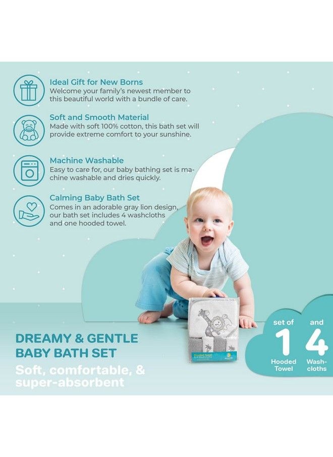 Spasilk Baby Cotton Terry Hooded Towel & Washcloth Bath Shower Set For Newborns And Infants Gray Lion  - Image 5