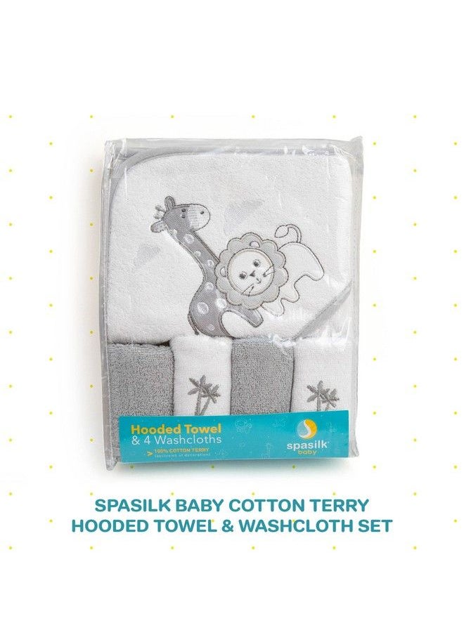 Spasilk Baby Cotton Terry Hooded Towel & Washcloth Bath Shower Set For Newborns And Infants Gray Lion  - Image 3