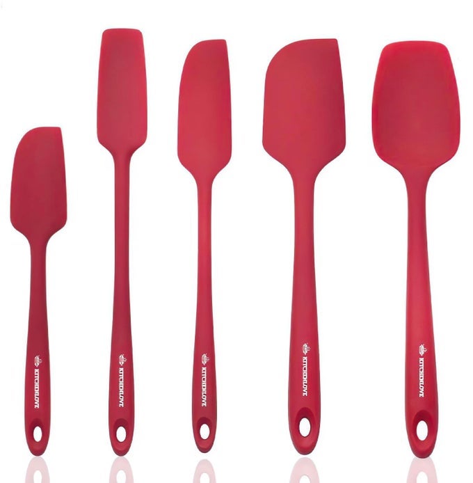 KITCHENLOVE PREMIUM 600F HEAT RESISTANT 5 PIECE SILICONE SPATULA SET FOR BAKING COOKING MIXING NONSTICK WITH HIGH GRADE SIRON STEEL CORE ONE PIECE SEAMLESS DESIGN BPA FREE RED