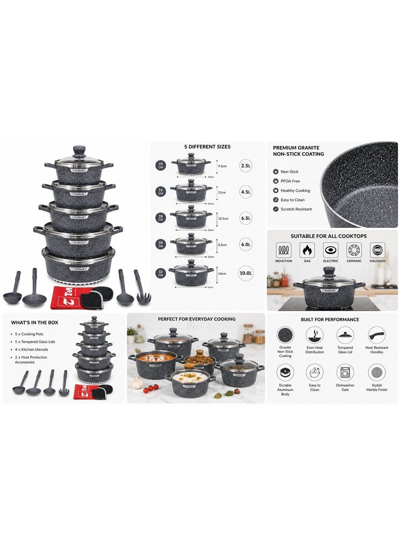 TELFORD 15 Piece Non-Stick Cookware Set with Glass Lids, Granite Coating, Aluminum Cooking Pots & Kitchen Utensils Set, Induction Compatible, Brown Marble Finish - Image 2