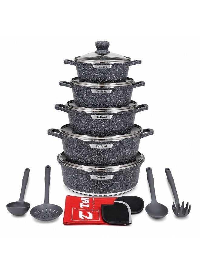 TELFORD 15 Piece Non-Stick Cookware Set with Glass Lids, Granite Coating, Aluminum Cooking Pots & Kitchen Utensils Set, Induction Compatible, Brown Marble Finish - Image 1
