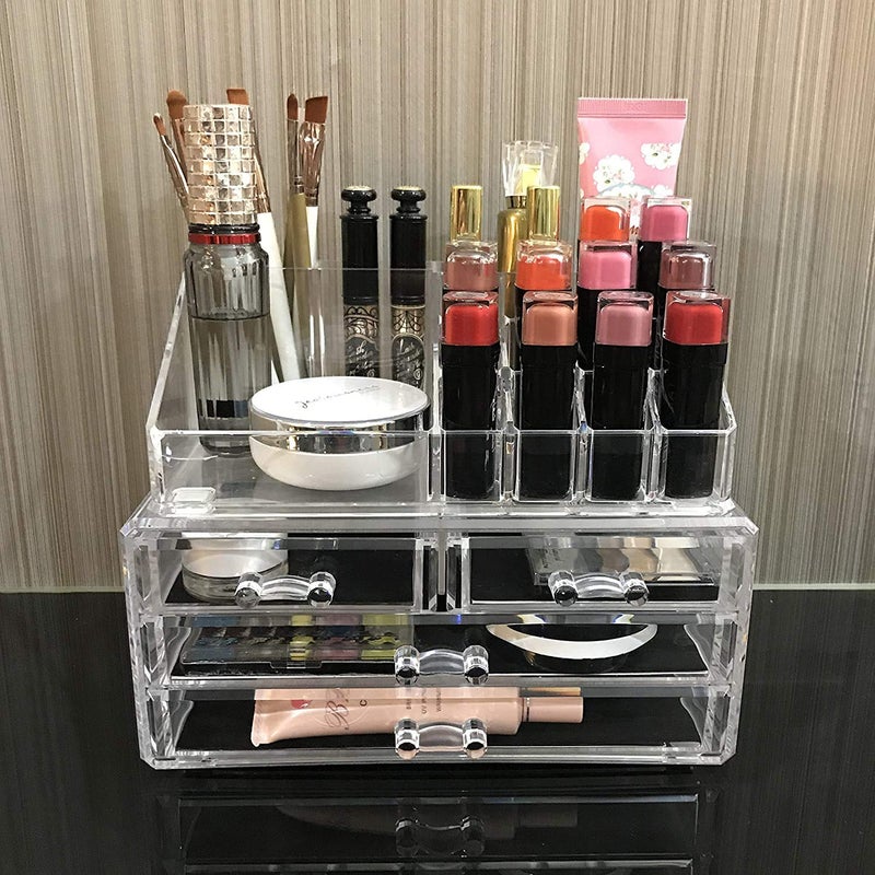 Pankti Clear Acrylic Cosmetic Makeup Organizer Combo Set Of 3 Layer Drawer And 16 Pcs Lipstick Holder - Jewelry, Transparent - Image 5