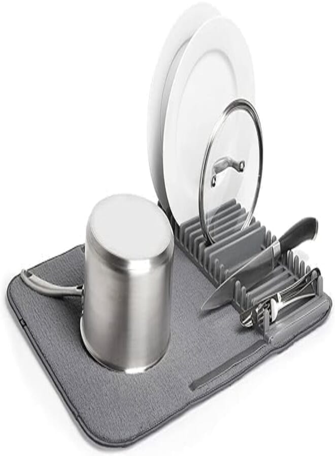 LIVVY Foldable Dish Drying Rack with Microfiber Mat – Plastic Dish Drainer for Kitchen Countertop – Space Saving Dish Rack for Plates, Bowls, Glasses – Grey Kitchen Organizer