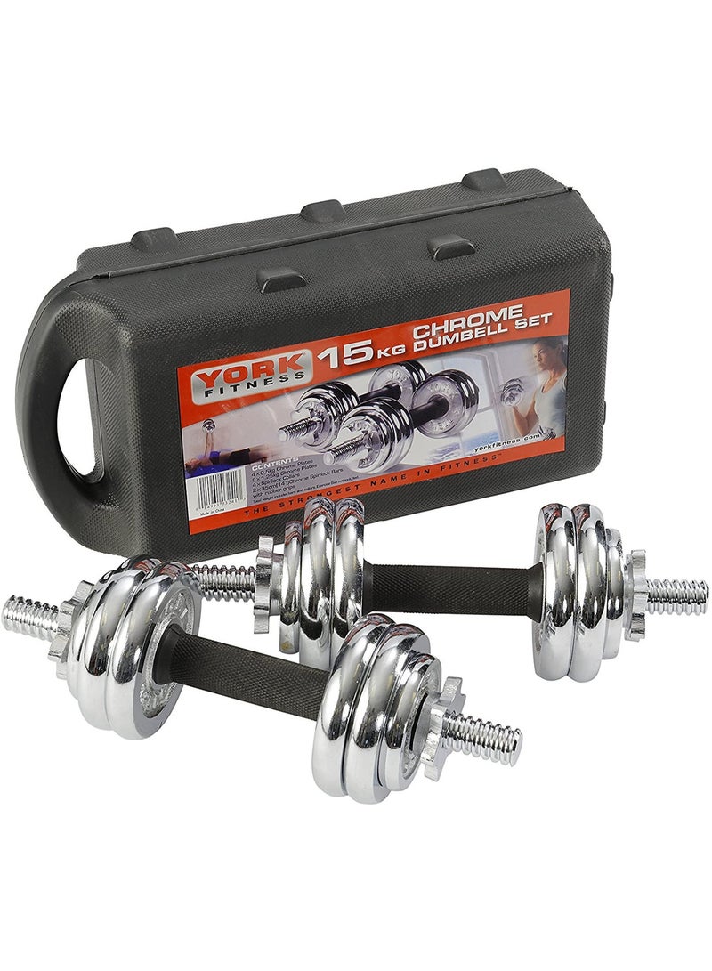 يورك فيتنس مجموعة دامبل كروم من يورك فيتنس 15 كجم مع حقيبة تخزين محمولة | طقم أثقال قابل للتعديل لتمارين الجيم في المنزل - Image 1