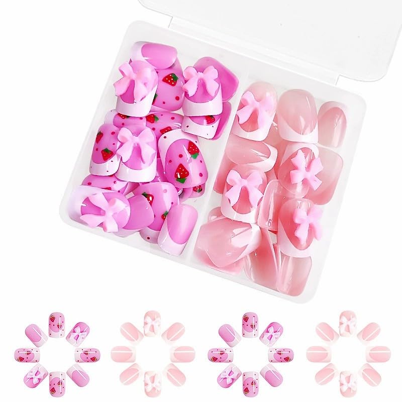 TOGZOM 48Pcs French Tip Press on Nails Short Square Fake Nails Bow Charms Acrylic False Nails Cute Glue on Nail Reusable Artificial Stick on Nail for Women Girls Manicure Nails Decoration 2 Packs - Image 2