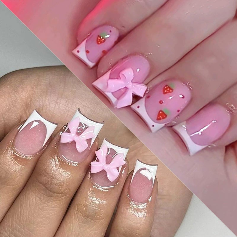 TOGZOM 48Pcs French Tip Press on Nails Short Square Fake Nails Bow Charms Acrylic False Nails Cute Glue on Nail Reusable Artificial Stick on Nail for Women Girls Manicure Nails Decoration 2 Packs - Image 1