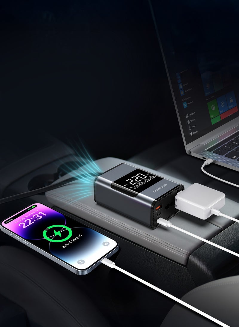 porodo Universal AC Car Power Inverter with Voltage Monitor 200W /USB-C & USB-A Ports/ 36W PD/Smart Cooling Fan/12V to 220V Conversion/ Safety Power Switch/ Car Power Inverter for Travel, Road Trips & Camping - Grey - Image 2