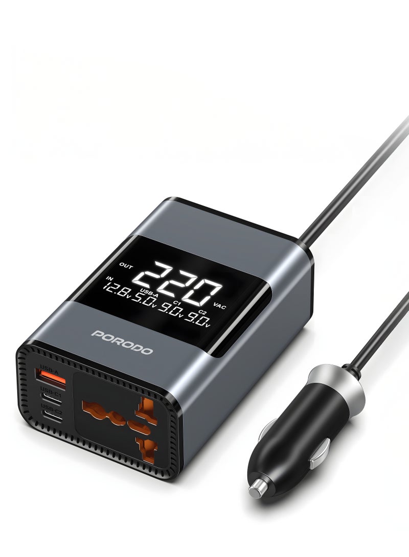 porodo Universal AC Car Power Inverter with Voltage Monitor 200W /USB-C & USB-A Ports/ 36W PD/Smart Cooling Fan/12V to 220V Conversion/ Safety Power Switch/ Car Power Inverter for Travel, Road Trips & Camping - Grey - Image 1