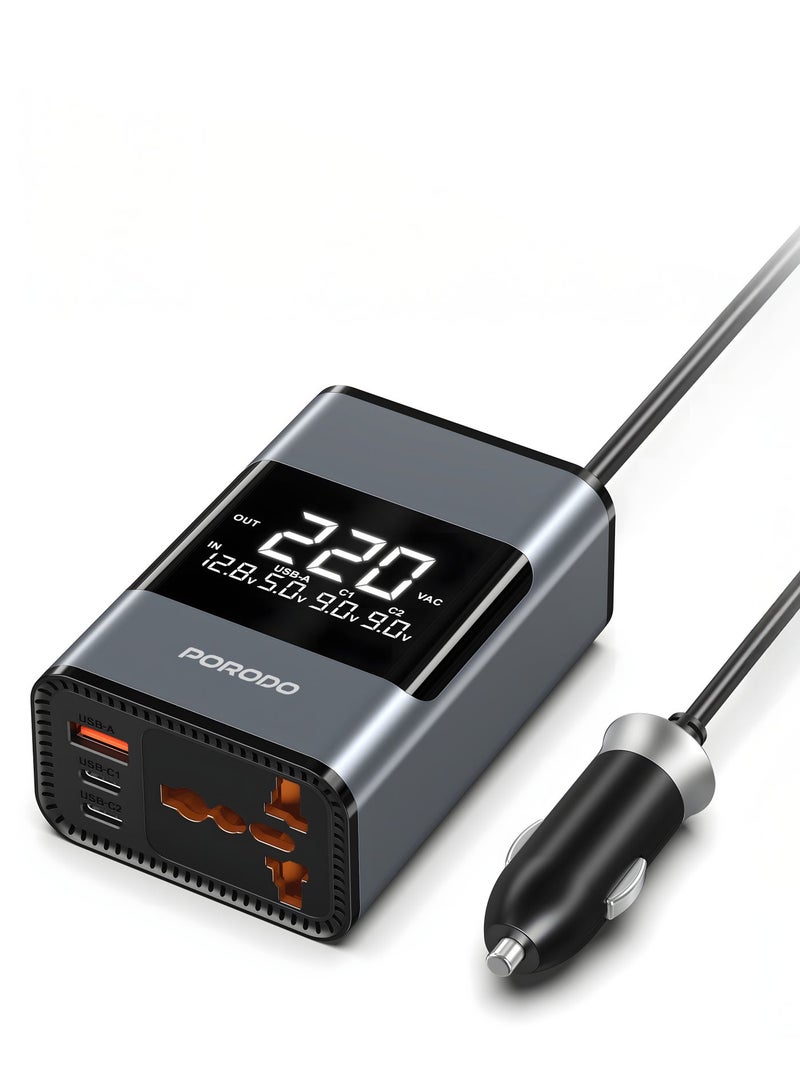 بورودو محول طاقة تيار متردد عالمي للسيارة مع شاشة مراقبة الجهد، ٢٠٠ واط / منفذا USB-C وUSB-A / PD ٣٦ واط / مروحة تبريد ذكية / تحويل من ١٢ فولت إلى ٢٢٠ فولت / مفتاح تشغيل آمن / محول طاقة للسيارة للسفر والرحلات البرية والتخييم - رمادي - Image 1
