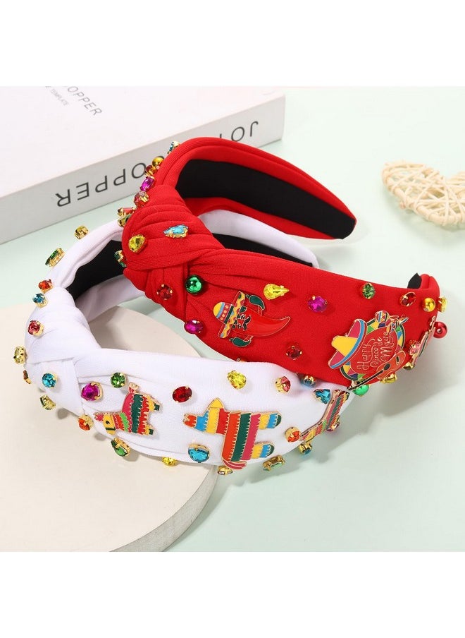 YAHPERN 2Pcs Cinco De Mayo Headbands Mexican Fiesta Headband For Women Cute Chili Cactus Pinata Sombrero Knotted Headband Jeweled Crystal Wide Top Knot Headband Mexican Hair Accessory Outfit (Pattern C)  - Image 2