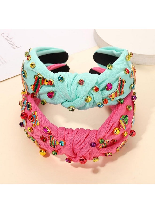 YAHPERN 2Pcs Cinco De Mayo Headbands Mexican Fiesta Headband For Women Cute Chili Cactus Pinata Sombrero Knotted Headband Jeweled Crystal Wide Top Knot Headband Mexican Hair Accessory Outfit (Pattern C)  - Image 3