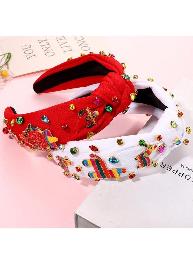 YAHPERN 2Pcs Cinco De Mayo Headbands Mexican Fiesta Headband For Women Cute Chili Cactus Pinata Sombrero Knotted Headband Jeweled Crystal Wide Top Knot Headband Mexican Hair Accessory Outfit (Pattern C)  - Image 4