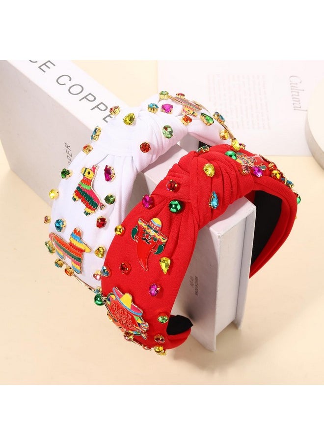 YAHPERN 2Pcs Cinco De Mayo Headbands Mexican Fiesta Headband For Women Cute Chili Cactus Pinata Sombrero Knotted Headband Jeweled Crystal Wide Top Knot Headband Mexican Hair Accessory Outfit (Pattern C)  - Image 5