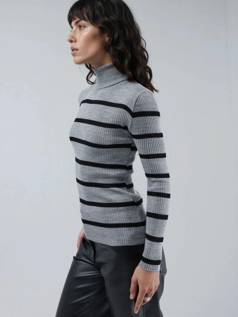 My Fashion Dark Grey MY FASHION Fitted Striped Ribbed Turtleneck Sweater for Women | Best Price UAE