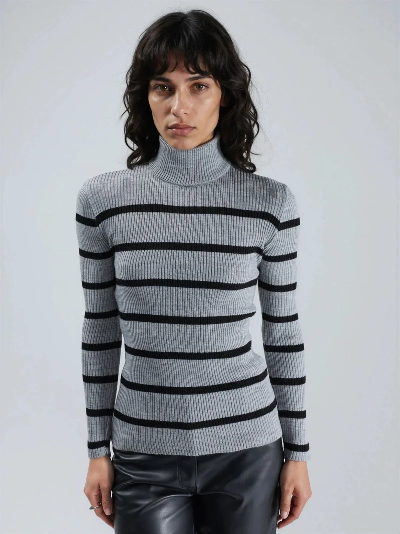 My Fashion Dark Grey MY FASHION Fitted Striped Ribbed Turtleneck Sweater for Women | Best Price UAE
