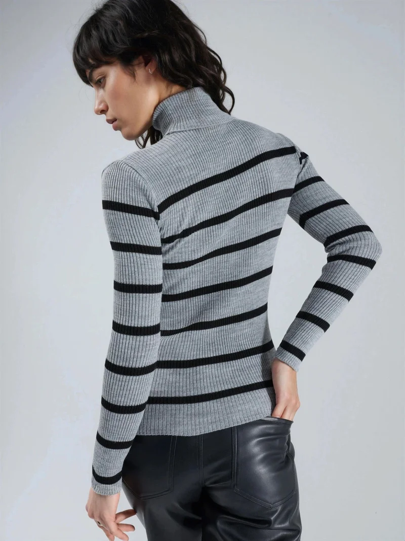 My Fashion Dark Grey MY FASHION Fitted Striped Ribbed Turtleneck Sweater for Women | Best Price UAE