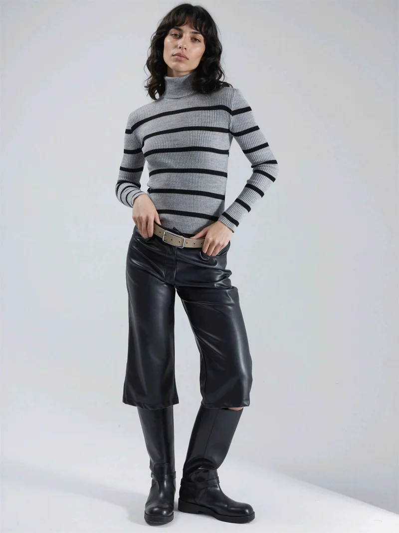 My Fashion Dark Grey MY FASHION Fitted Striped Ribbed Turtleneck Sweater for Women | Best Price UAE