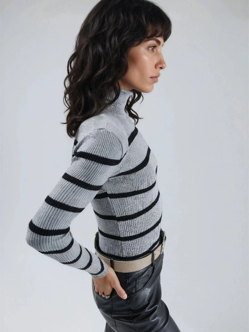 My Fashion Dark Grey MY FASHION Fitted Striped Ribbed Turtleneck Sweater for Women | Best Price UAE