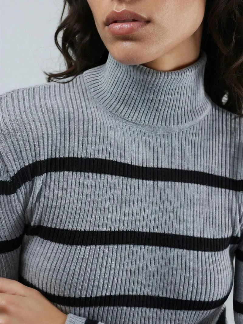 My Fashion Dark Grey MY FASHION Fitted Striped Ribbed Turtleneck Sweater for Women | Best Price UAE