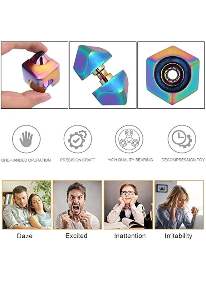 Fidget Cube Spinner Anti-Anxiety Focusing Fidget Toys EDC Fidgets Spinner 4-in-1 Toy Metallic Focus Toy Cube Finger Top Desktop ADHD Stress Relieve Toys for Kids and Adults (Rainblow)  - Image 3
