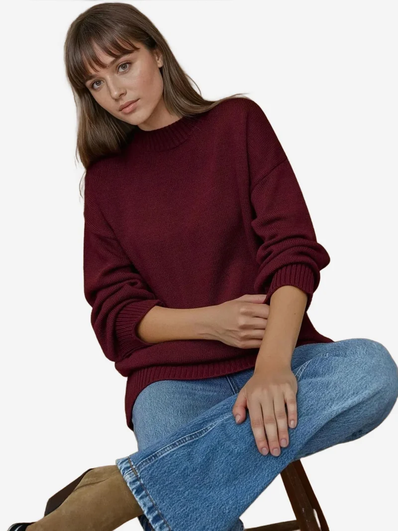 HICCUP Thick Knit Crew Neck Long Sweater