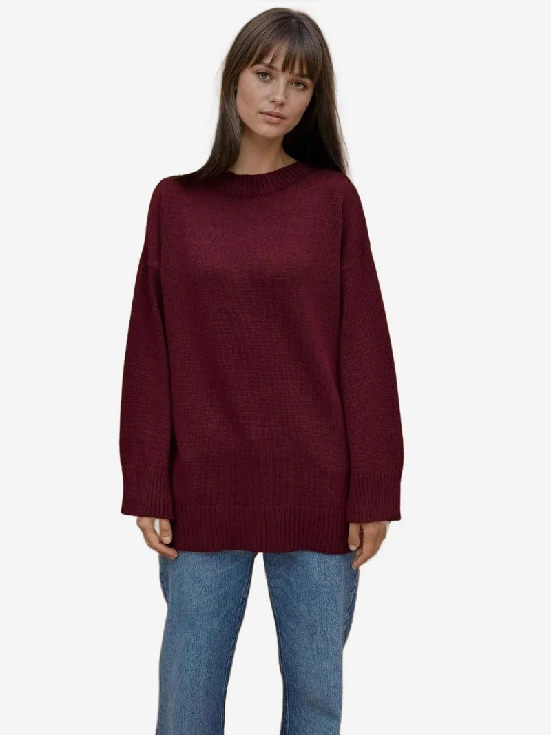 هيكاب كنزة صوفية سميكة بياقة دائرية وأكمام طويلة