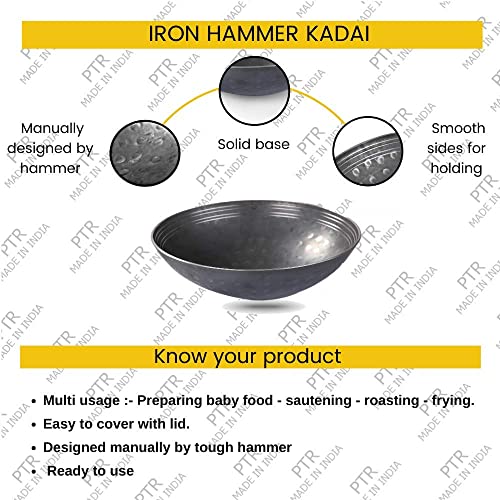 PTR 10.5 Inch 2.5 Litre Hammered Iron Kadhai Original Lohe Ki Kadai Handle-Free Deep Frying Pan for Roasting Frying Heavy Base Gas and Induction Compatible Food Grade Iron Smooth Edge - Image 4