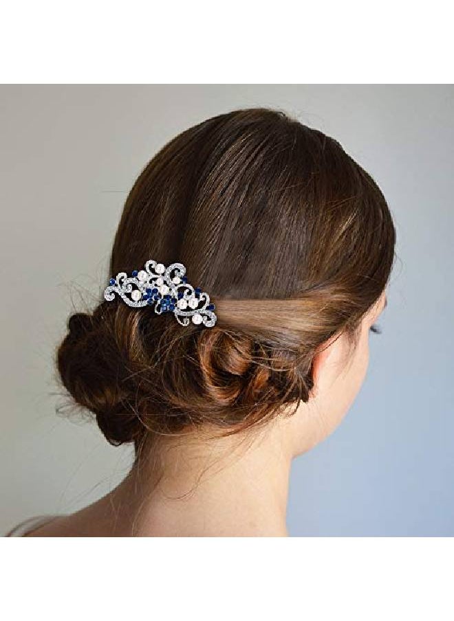 EVER FAITH - Silvertone Austrian Crystal Cream Simulated Pearl Floral Vine Bridal Hair Side Comb Blue - Image 1
