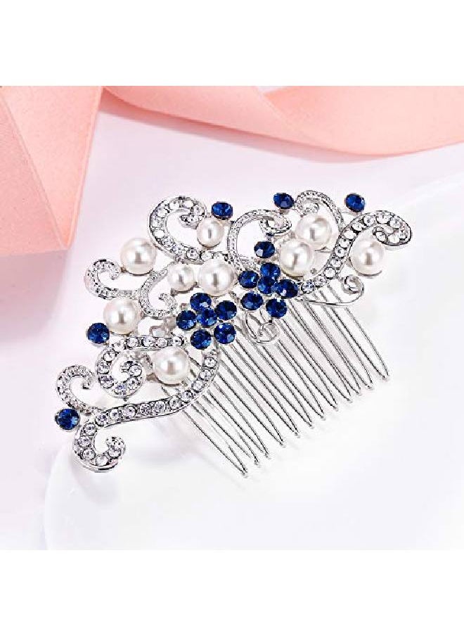EVER FAITH - Silvertone Austrian Crystal Cream Simulated Pearl Floral Vine Bridal Hair Side Comb Blue - Image 1