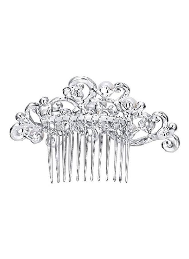 EVER FAITH - Silvertone Austrian Crystal Cream Simulated Pearl Floral Vine Bridal Hair Side Comb Blue - Image 1