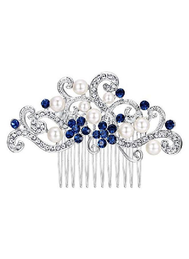 EVER FAITH - Silvertone Austrian Crystal Cream Simulated Pearl Floral Vine Bridal Hair Side Comb Blue - Image 1