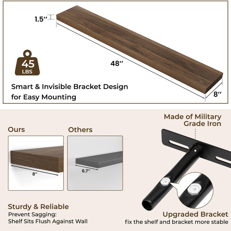 RICHFOCUS 48Inch Floating Shelves for Wall 2 Pack Shelves for Bedroom|Kitchen|Bathroom Wall Mounted Rustic Wood Floating Shelf with Invisible Brackets for Books|Storage|Decor, Walnut - Image 4