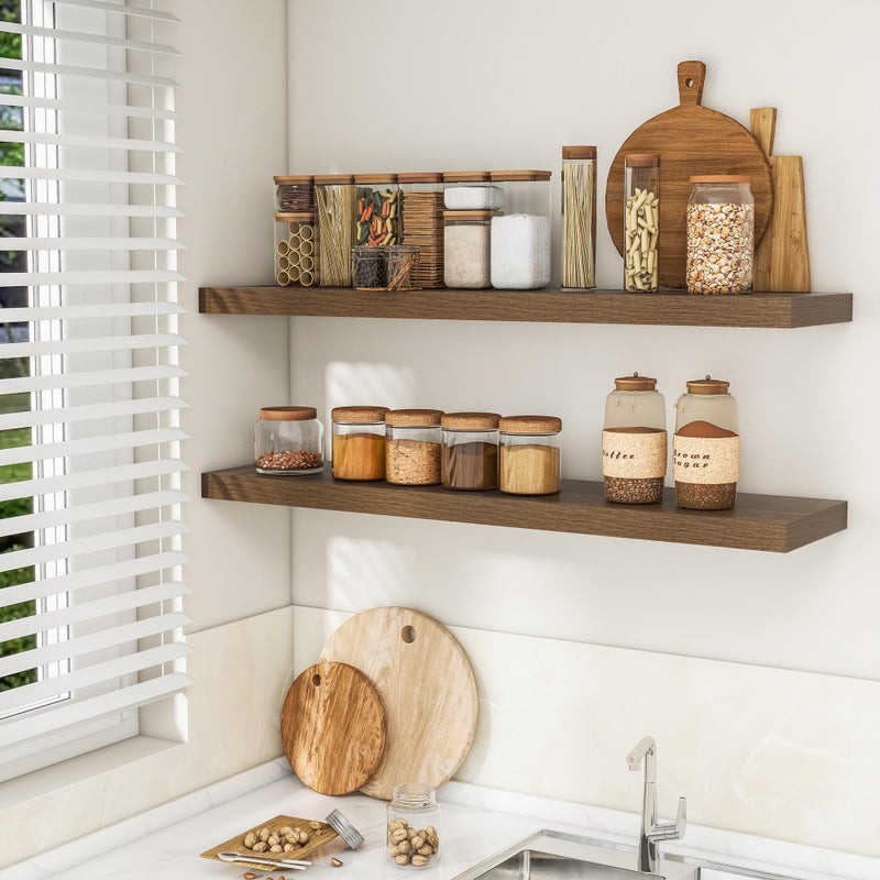 RICHFOCUS 48Inch Floating Shelves for Wall 2 Pack Shelves for Bedroom|Kitchen|Bathroom Wall Mounted Rustic Wood Floating Shelf with Invisible Brackets for Books|Storage|Decor, Walnut - Image 3