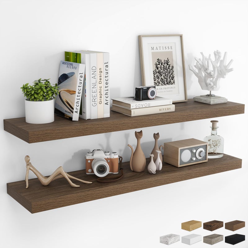 RICHFOCUS 48Inch Floating Shelves for Wall 2 Pack Shelves for Bedroom|Kitchen|Bathroom Wall Mounted Rustic Wood Floating Shelf with Invisible Brackets for Books|Storage|Decor, Walnut - Image 1