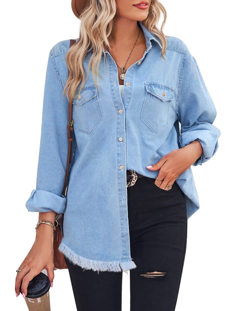 Zilcremo Women Denim Shirt Chambray Collared Jean Shirts Long Sleeve Pocket Button Down Blouses Blue S - Image 1
