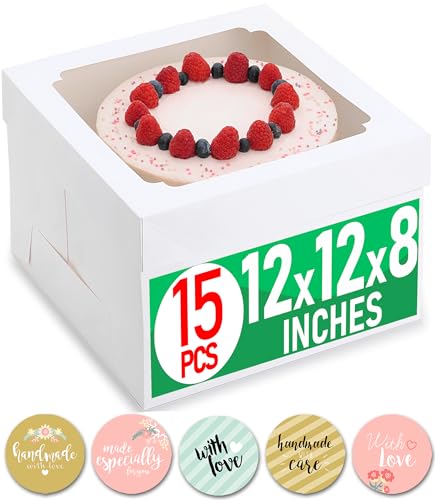 Baregamyan 12x12x8 Inch Cake Boxes 15 pcs, Large 12 Inch Cake Box with Window for 8 Inch Tall Tiered Bakery Cakes, Pies, Sturdy Square White Cardboard, Cake Decorating Supplies (80 Pcs Stickers) - Image 1