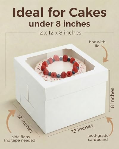 Baregamyan 12x12x8 Inch Cake Boxes 15 pcs, Large 12 Inch Cake Box with Window for 8 Inch Tall Tiered Bakery Cakes, Pies, Sturdy Square White Cardboard, Cake Decorating Supplies (80 Pcs Stickers) - Image 3