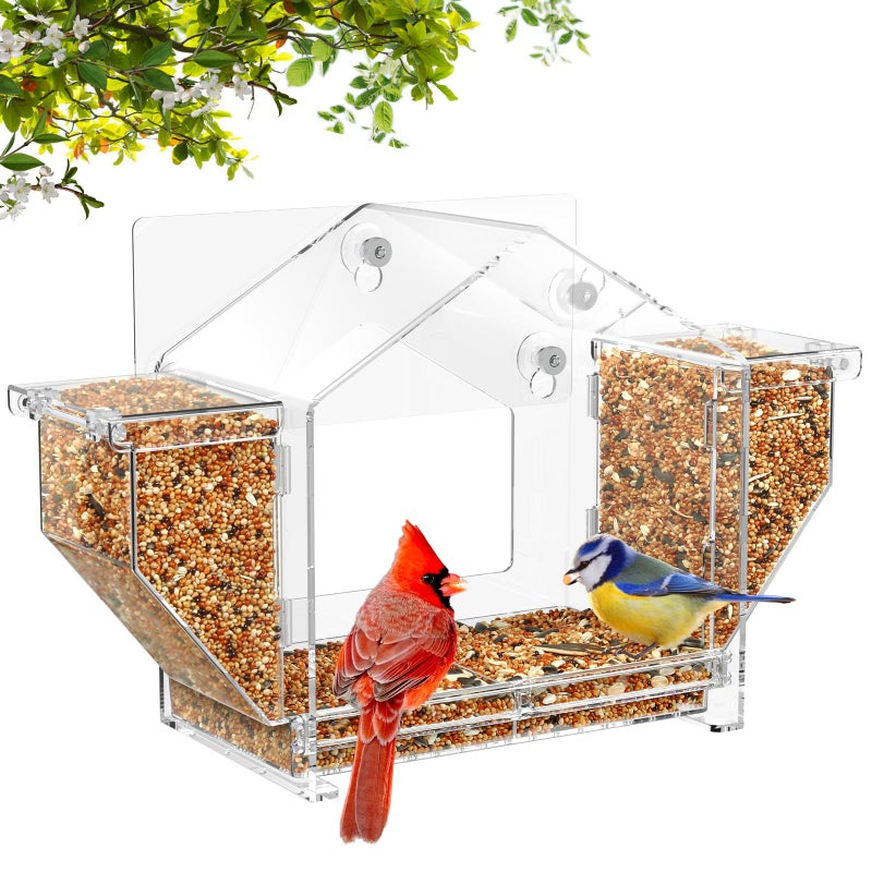 FLINTER Upgraded Window Bird Feeder with Dual Side Hoppers â€“ High Capacity Outside Birdfeeder for Window â€“ Strong Suction Cups & Adhesive Options, Close-up Viewing for Indoor Cats & Seniors, Ideal Nature Gift - Image 1