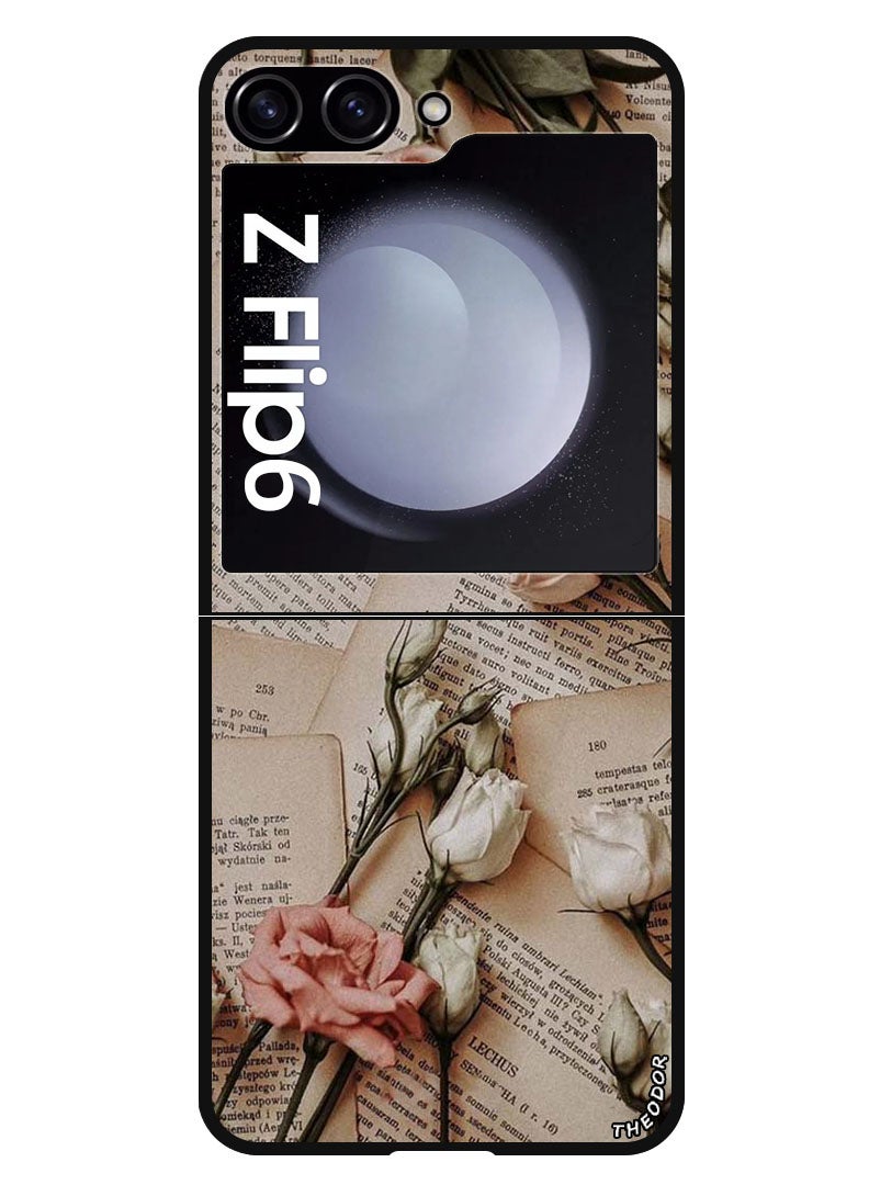 Theodor غطاء واقي مضاد للخدش ومقاوم للصدمات لجهاز سامسونج جالاكسي Z فليب 6 زهور وكتب - Image 1