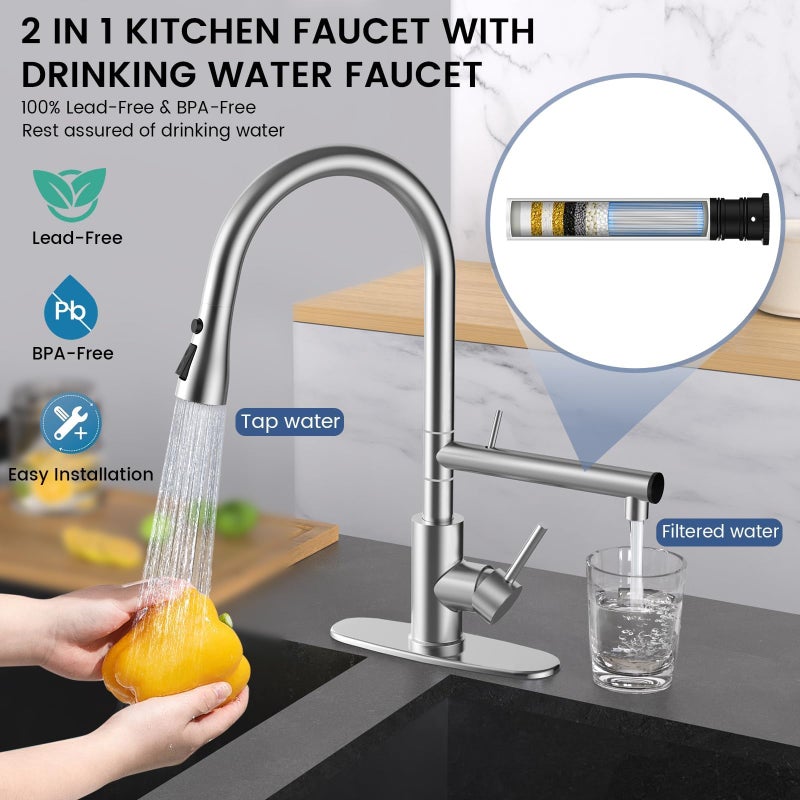 FEELSO Kitchen Faucets, Upgraded Filter Water Kitchen Faucet with Pull Down Sprayer, Brushed Nickel Stainless Steel High Arc 1 Or 3 Hole Kitchen Sink Faucet for Remove Lead, Chlorine, Bad Taste & Odor - Image 2