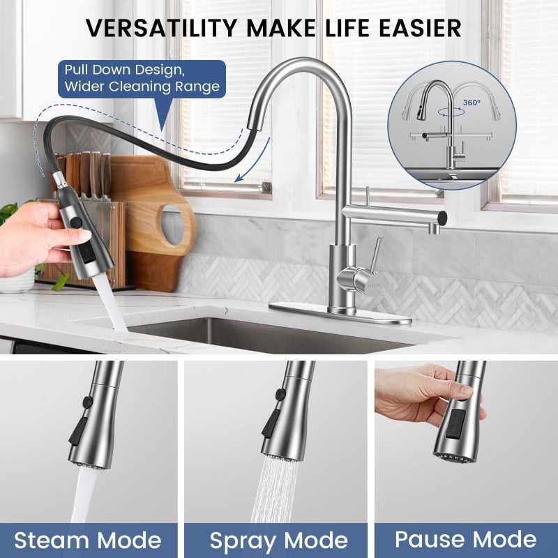 FEELSO Kitchen Faucets, Upgraded Filter Water Kitchen Faucet with Pull Down Sprayer, Brushed Nickel Stainless Steel High Arc 1 Or 3 Hole Kitchen Sink Faucet for Remove Lead, Chlorine, Bad Taste & Odor - Image 4