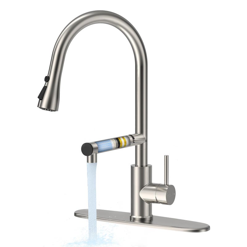 FEELSO Kitchen Faucets, Upgraded Filter Water Kitchen Faucet with Pull Down Sprayer, Brushed Nickel Stainless Steel High Arc 1 Or 3 Hole Kitchen Sink Faucet for Remove Lead, Chlorine, Bad Taste & Odor - Image 1