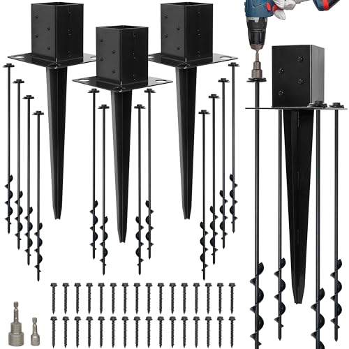 LADECH Set of 4 4x4 Fence Post Anchor Ground Spike 24” Length with Ground Anchors Screw in - Metal Black Powder Coated – Mailbox Post Anchors – Fit 3.5x3.5 Square - Image 1