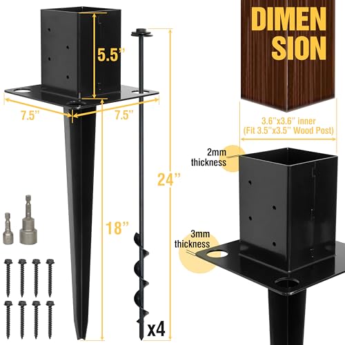 LADECH Set of 4 4x4 Fence Post Anchor Ground Spike 24” Length with Ground Anchors Screw in - Metal Black Powder Coated – Mailbox Post Anchors – Fit 3.5x3.5 Square - Image 3