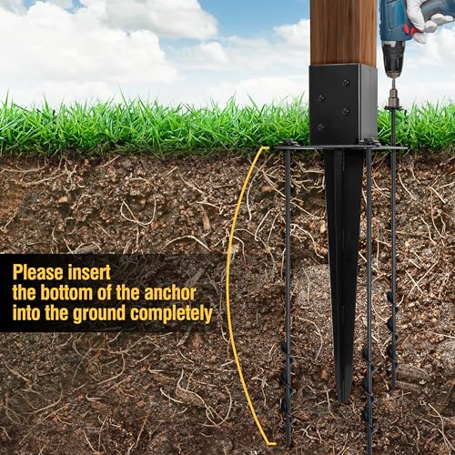 LADECH Set of 4 4x4 Fence Post Anchor Ground Spike 24” Length with Ground Anchors Screw in - Metal Black Powder Coated – Mailbox Post Anchors – Fit 3.5x3.5 Square - Image 5