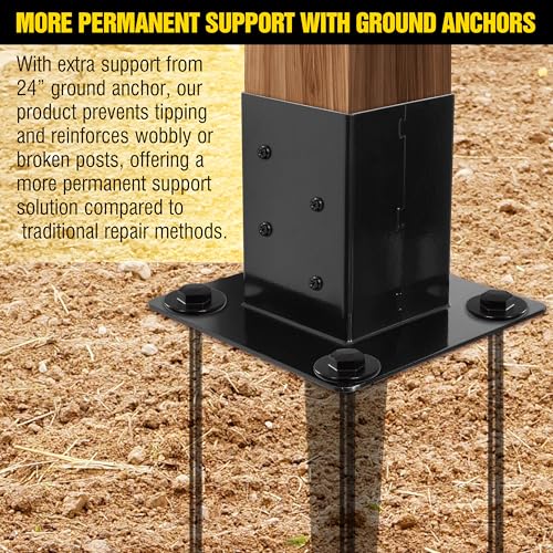 LADECH Set of 4 4x4 Fence Post Anchor Ground Spike 24” Length with Ground Anchors Screw in - Metal Black Powder Coated – Mailbox Post Anchors – Fit 3.5x3.5 Square - Image 2